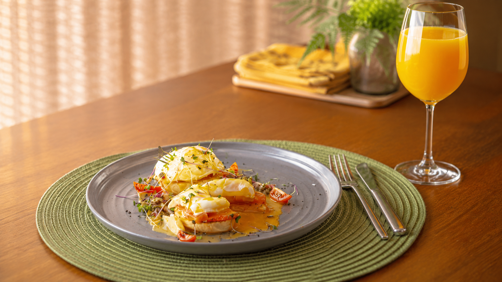 Plato de huevos benedict con vegetales frescos, microhojas y copa de jugo de naranja sobre mesa de madera