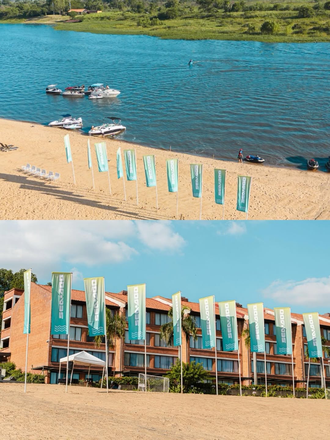 Playa del club con bandera y edificio del hotel